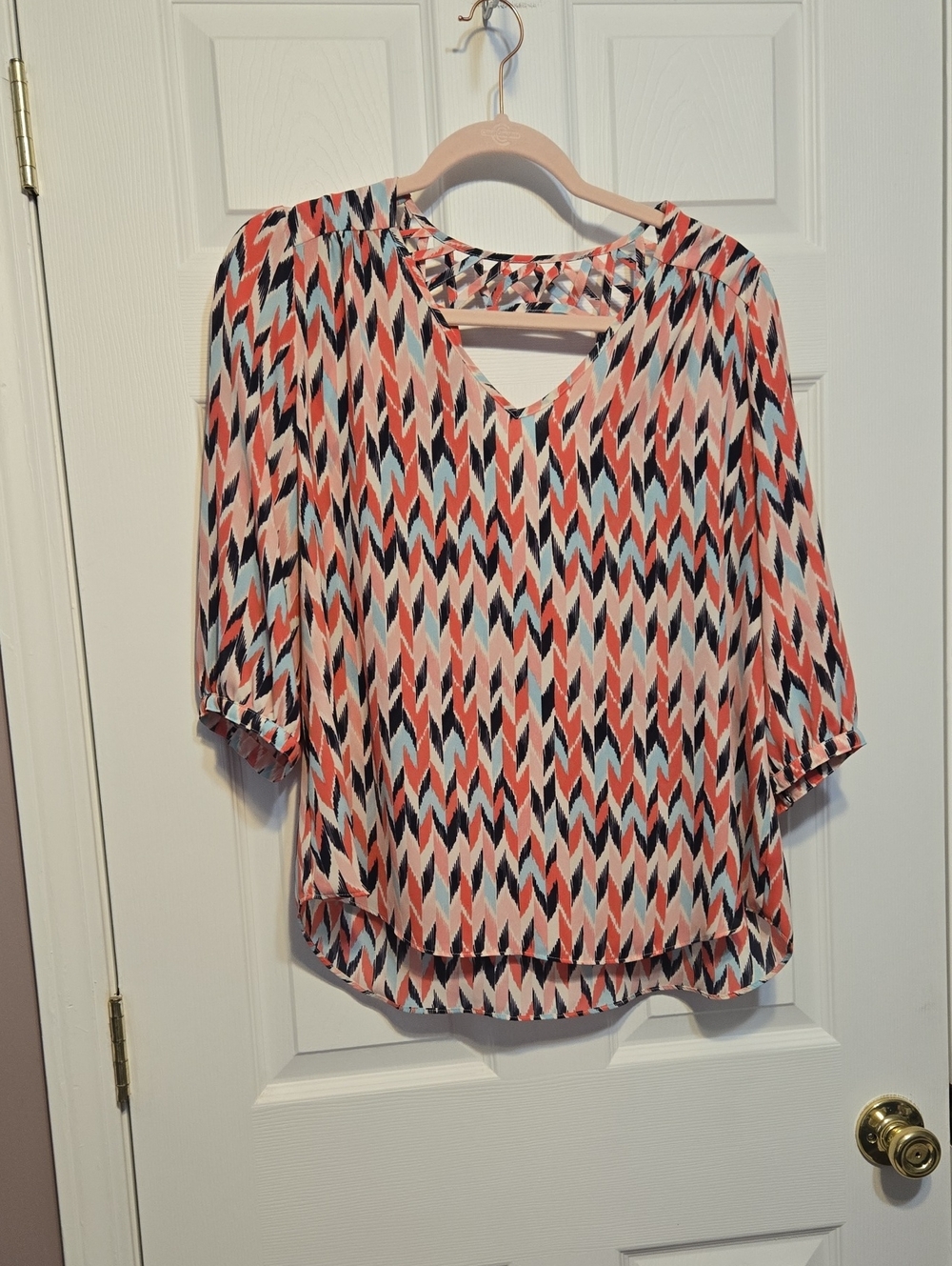 by & by Coral, Navy & White Geometric V-Neck Blouse